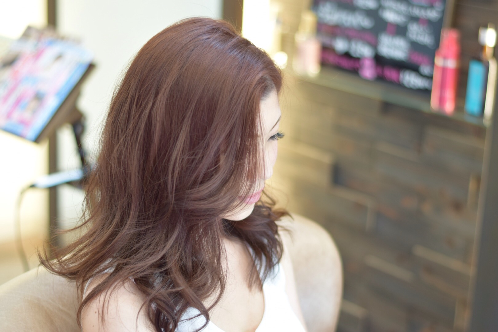 ピンクオレンジの落ち着いたヘアカラー Hair Salon Matchup 石川県白山市美川町にある美容院 マッチアップ